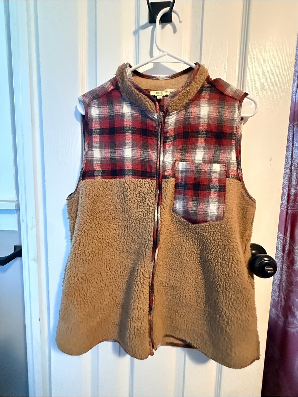 Kori American Tan Sherpa Vest with Red Plaid Yoke